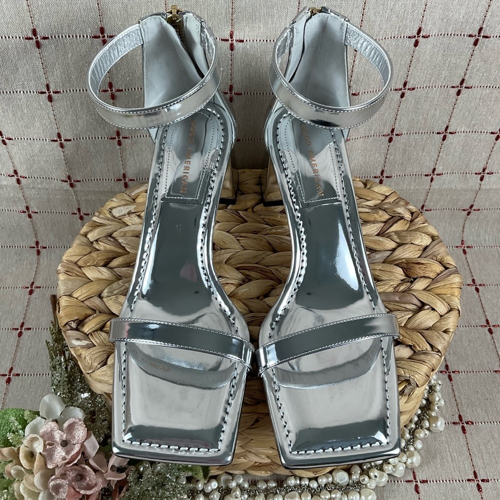 Good American Strappy Heeled Sandals Metallic Silver Ankle wrap Square Toe 9.5 - Picture 5 of 9